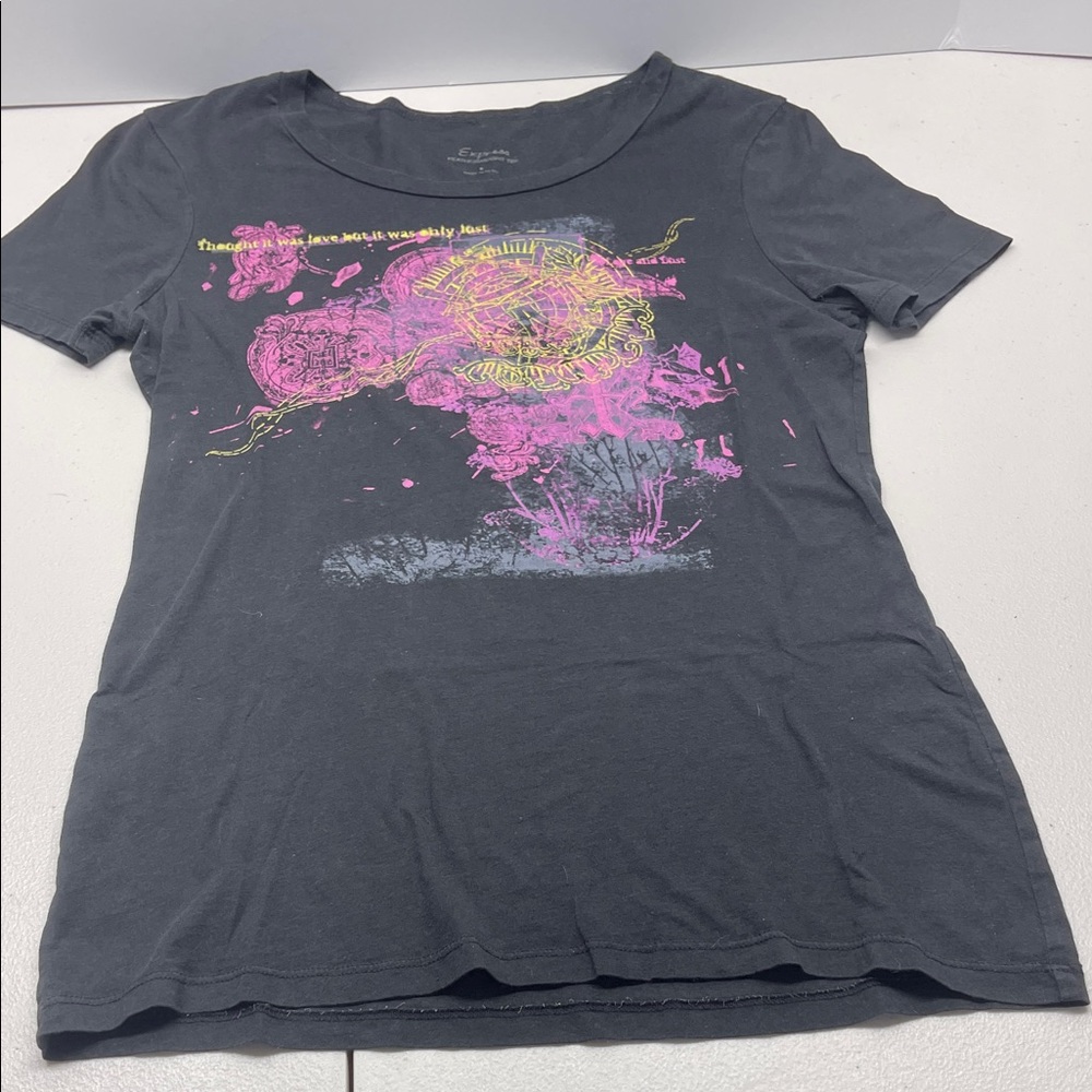 Express Nlack Tee with Pink and Yellow Design